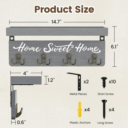 buways Key Holder Wall Mount with 4 Double Hooks-Solid Wood Wall-Mounted Organizer for Keys&Mail Rustic Key Rack Hanger Holder Home Decor for Entryway Living Room (Gray)
