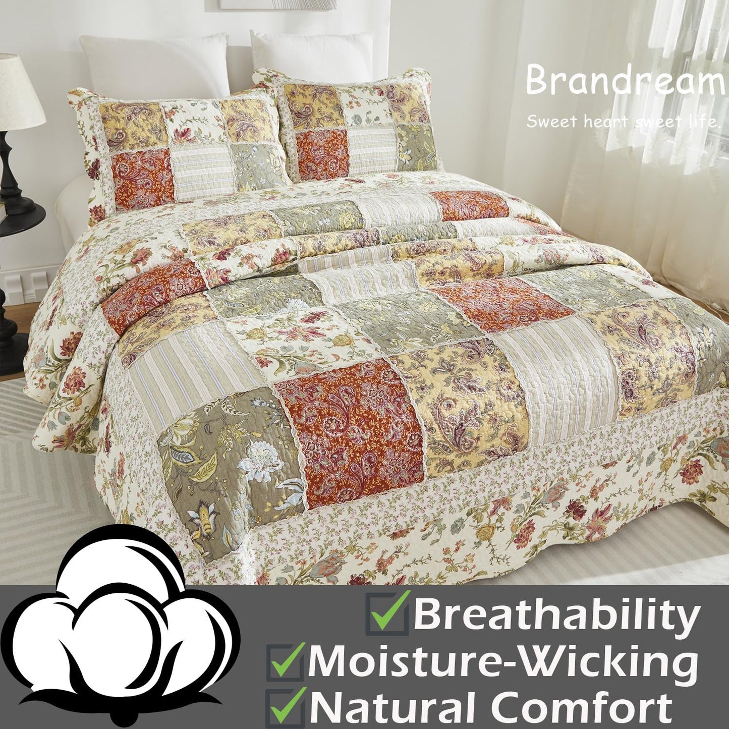 Brandream Queen Size Quilt Set Cotton Farmhouse Patchwork Quilts American Country Quilted Comforter Set 3-Piece