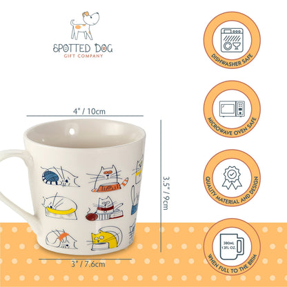 SPOTTED DOG GIFT COMPANY Cat Mugs, 13 oz Coffee Mug Set of 4, Funny Cartoon Cats Themed Ceramic Tea Cups, Microwave & Dishwasher Safe, Cute Cat Gifts for Women and Animal Lovers