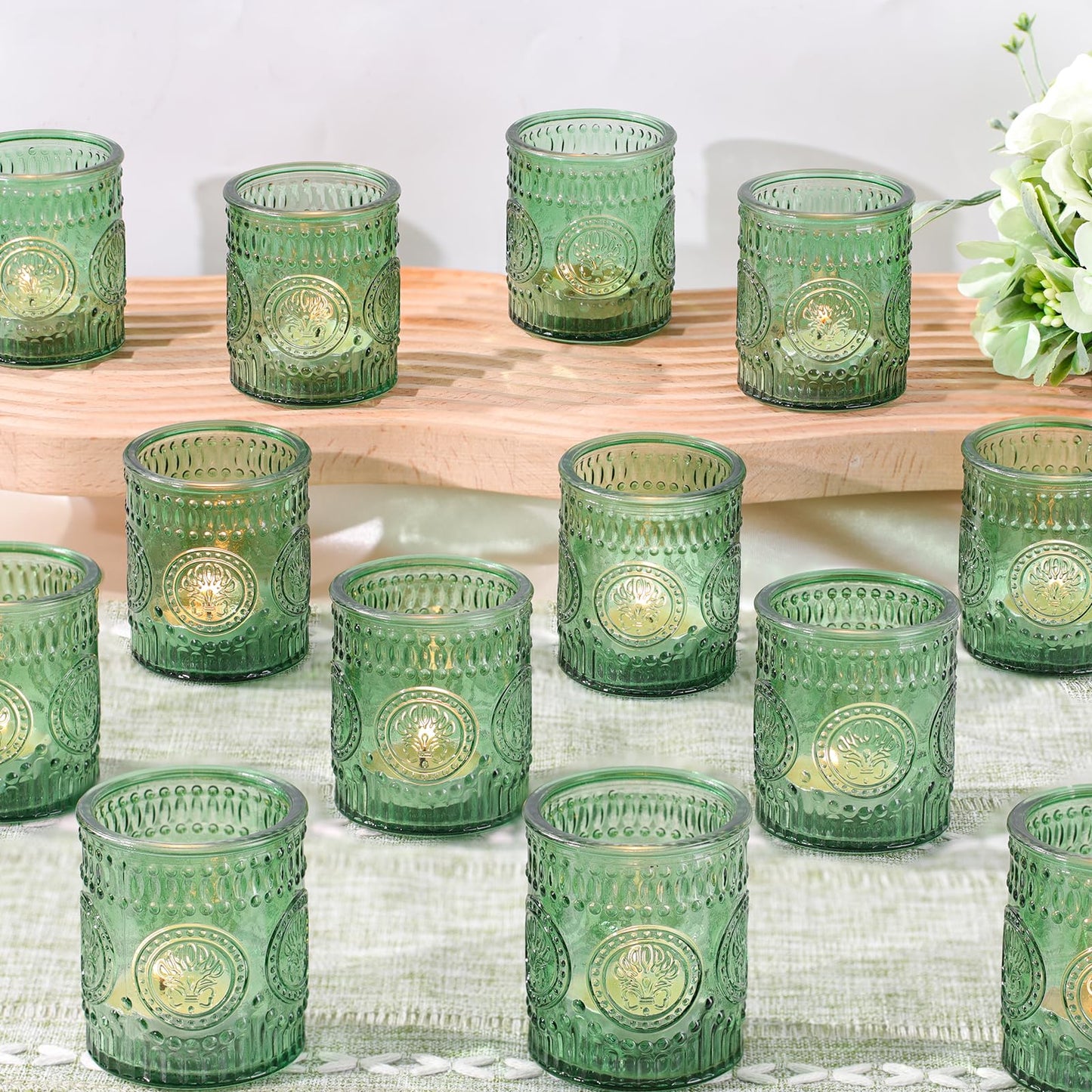 MATAHUM 36 Pcs Green Votive Candle Holders, Tea Light Candle Holders for Wedding Centerpiece, Glass Candle Holders for Table Centerpiece, Home and Party Decorations