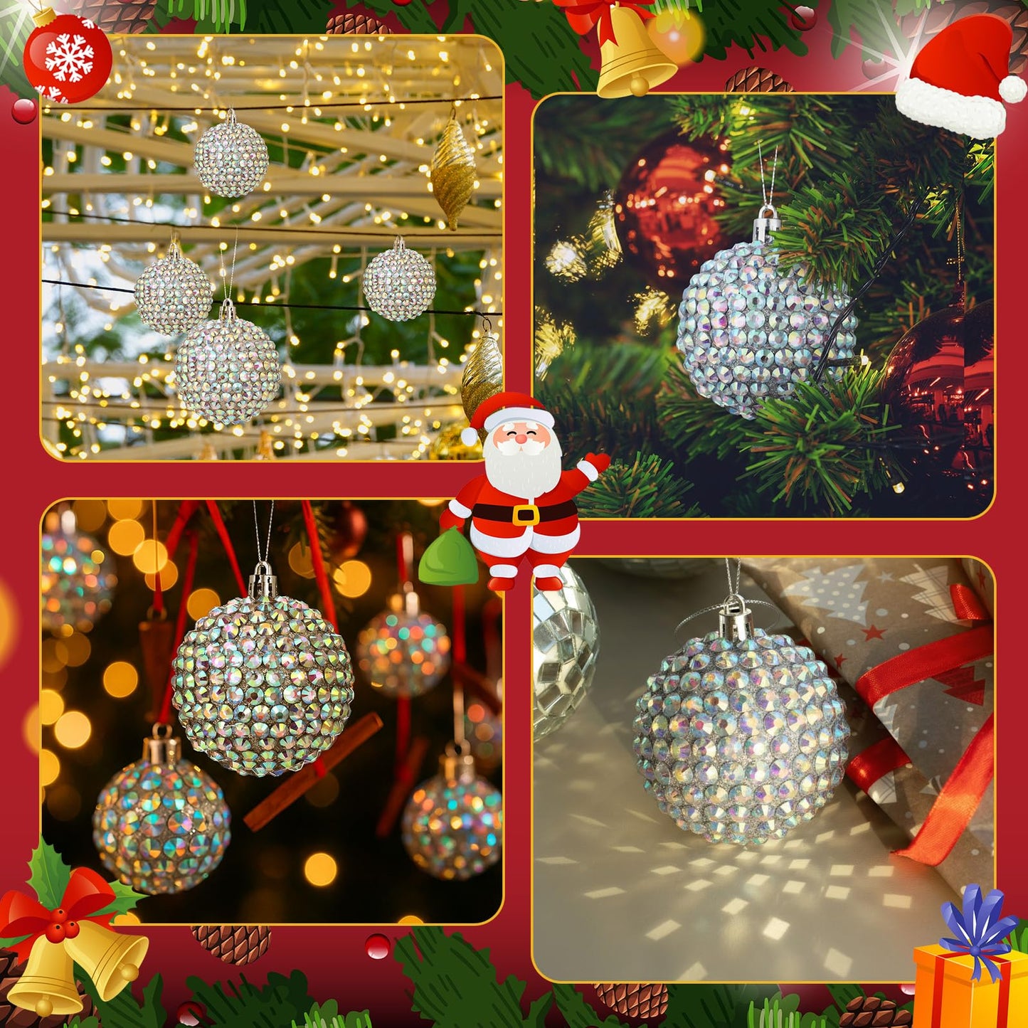 Sosation 12 Pcs Rhinestone Christmas Ornaments Ball 2.36 Inch Sparkly Glitter Christmas Tree Decoration Silver Glitter Xmas Hanging Balls for Xmas Gifts Home Decoration Wedding Party