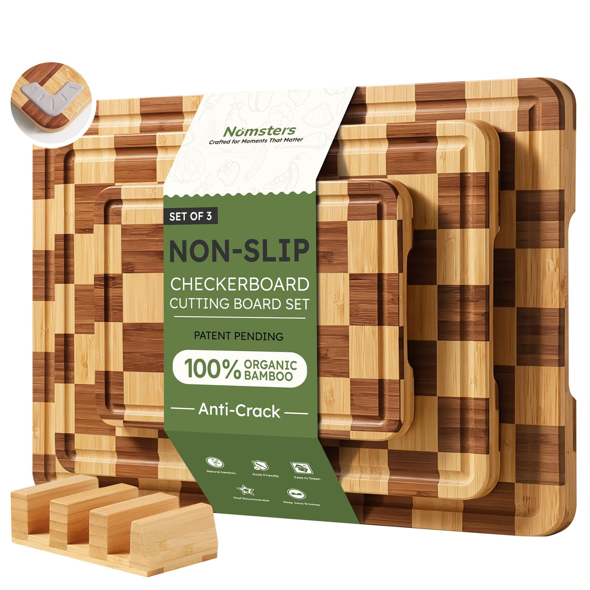 3 Pack Bamboo Cutting Board Set Checkered Wooden Cutting Board for Kitchen Non Toxic Charcuterie Board Serving Non Slip End Grain Wood Chopping Board for Meat Fruit Cheese Kitchen Housewarming Gift
