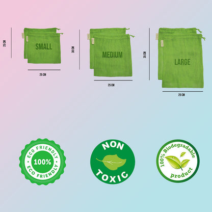 NECAVU 100% Cotton Set of 6 Fridge Bag | Eco-Friendly Natural Vegetables Bags for Fridge Storage & mesh net Vegetable Bag Fridge | Multi-Purpose Eco-Friendly Cotton mesh Bag (Neem Green)