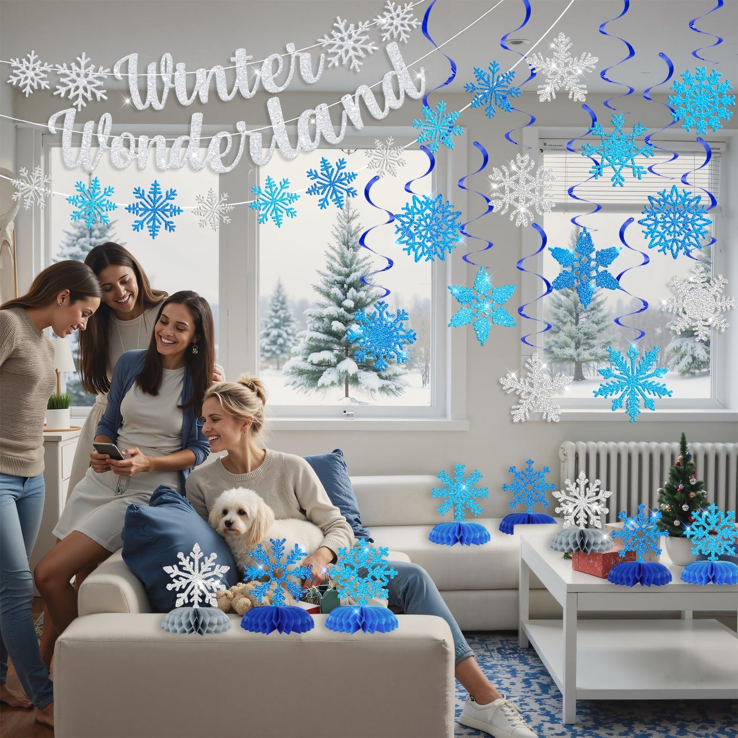 Ouddy Life 36 Pcs Winter Wonderland Christmas Decorations, Hanging Snowflake Swirls Ceiling Streamers, Glitter Paper Spiral Snowflakes Ornaments Banners Honeycomb for Xmas Frozen Party Birthday Decor