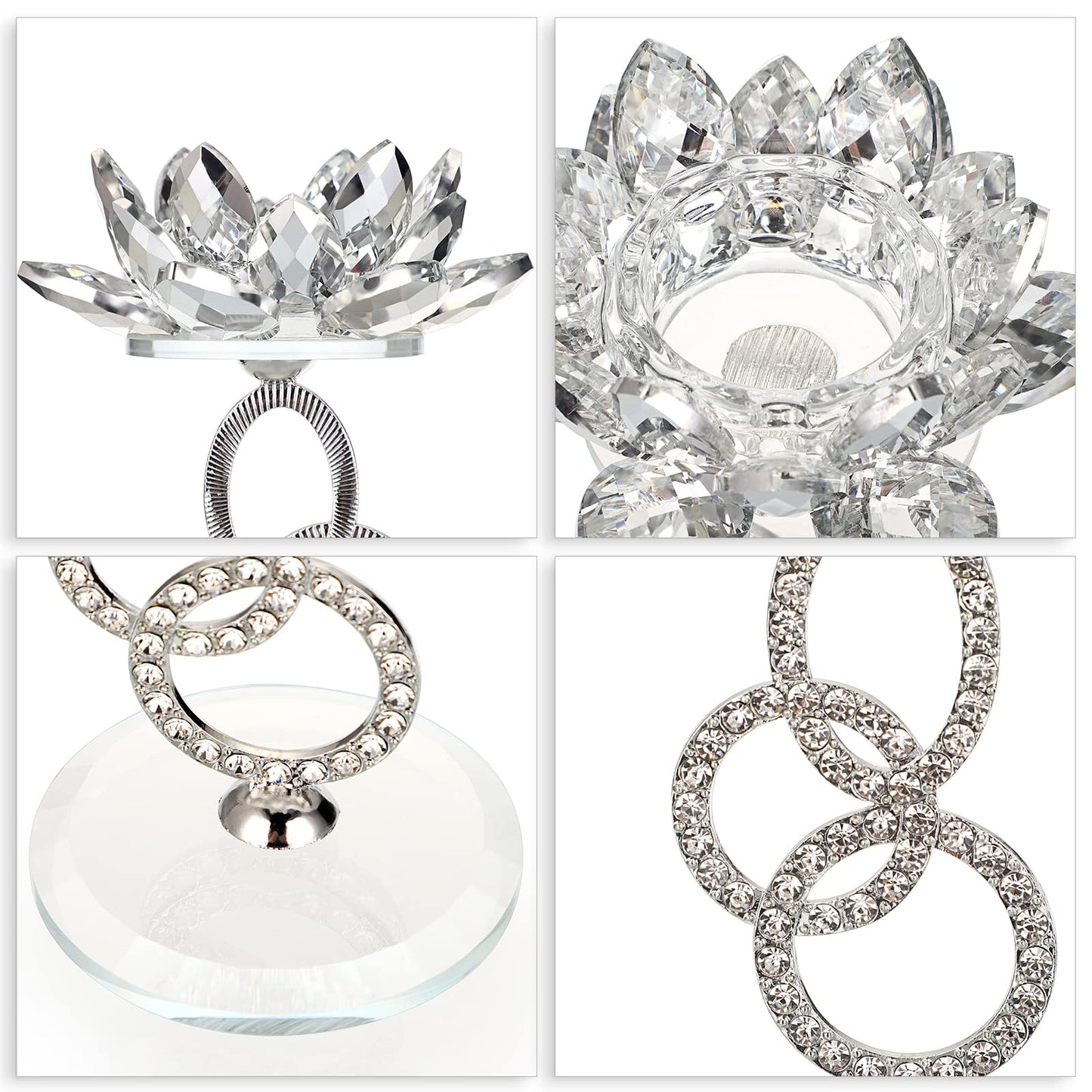OwnMy Set of 2 Crystal Lotus Flower Candle Holders Metal Glass Lotus Pillar Candlestick Holders, Silver Crystal Lotus Tealight Candlesticks Votive Candle Stands for Wedding Table Centerpiece, 7.5" H