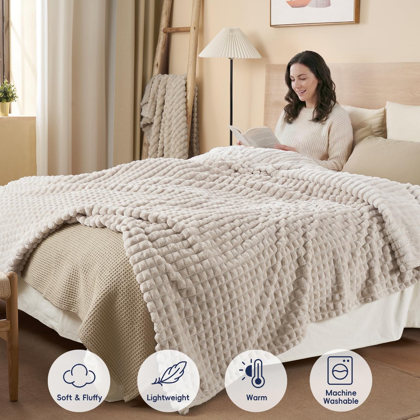 PHF Luxury Soft Fleece Blanket Queen Size, No Shed No Pilling, 380GSM Fluffy Cozy Throw Blankets for Bed, 90"x90", Lightweight Warm Bedding for Home Decor, Ideal Gift for Women, Oak
