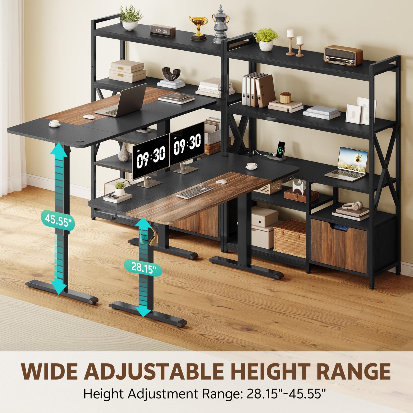 Homiflex 2-in-1 L Shaped Electric Standing Desk with Bookcase, 77.8'' Large Office Desk with Height Adjustable, File Drawer and Power Outlets, Variable Computer Desk Set for Home Office, Black