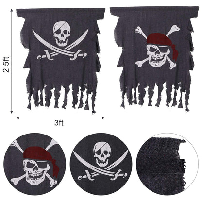 Tatuo 2 Pieces Pirate Flag Halloween Pirate Party Decorations 3 x 2.5 Feet Weathered Retro Creepy Ragged Jolly Roger Flag Skull Bones Banner for Halloween Party Decorations, Kids Room Decor