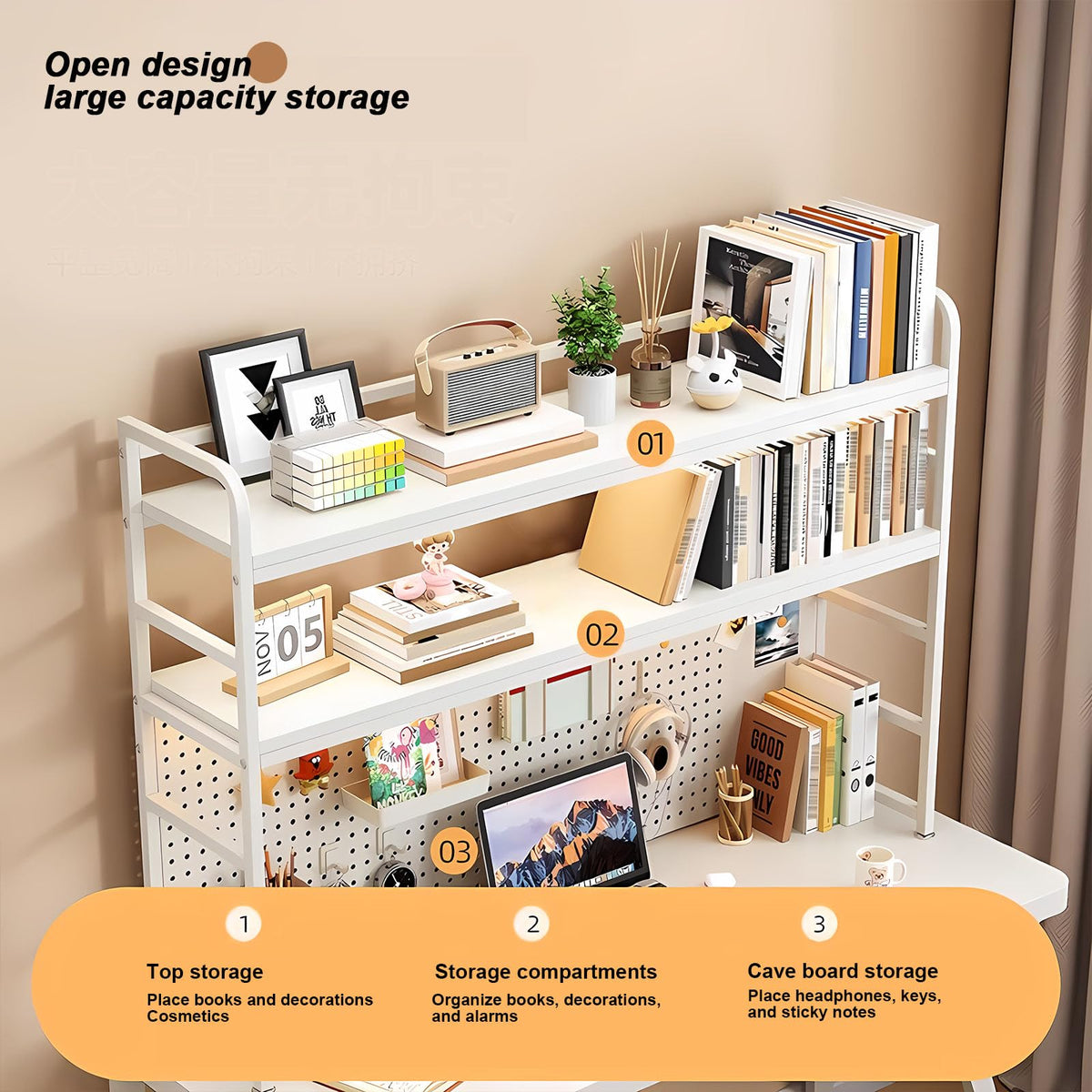 ZWCQSYS 2-Tier Desktop Bookshelf Hutch - Metal Desk Shelf Bookcase with Desk Pegboard Countertop Storage Organizer Rack for Dorm or Office (B, 70cm/27.5in)