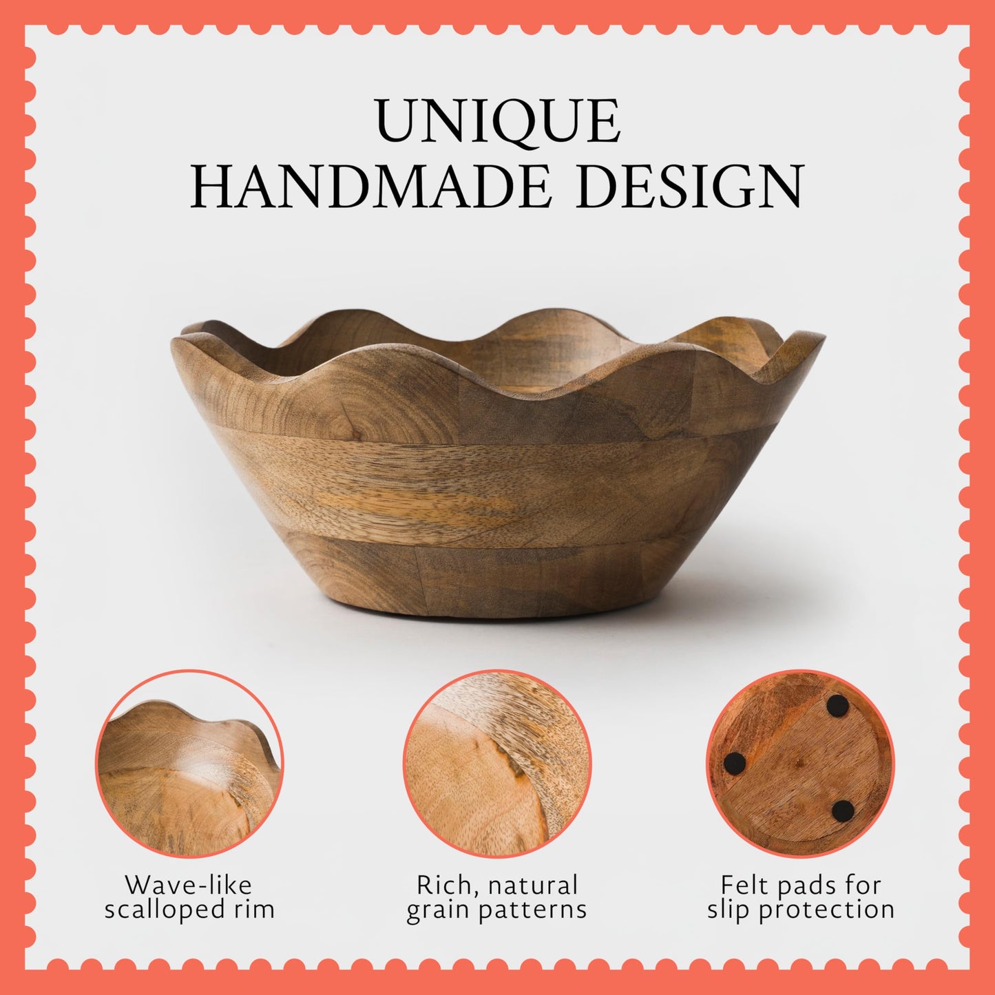 Mela Artisans 10 in Wide x 4 in Tall Scalloped Mango Wood Bowl – Hand-Carved Decorative Serving and Fruit Bowl with Visible Wood Grain for Kitchen Counter, Snacks, Bread and Home Decor