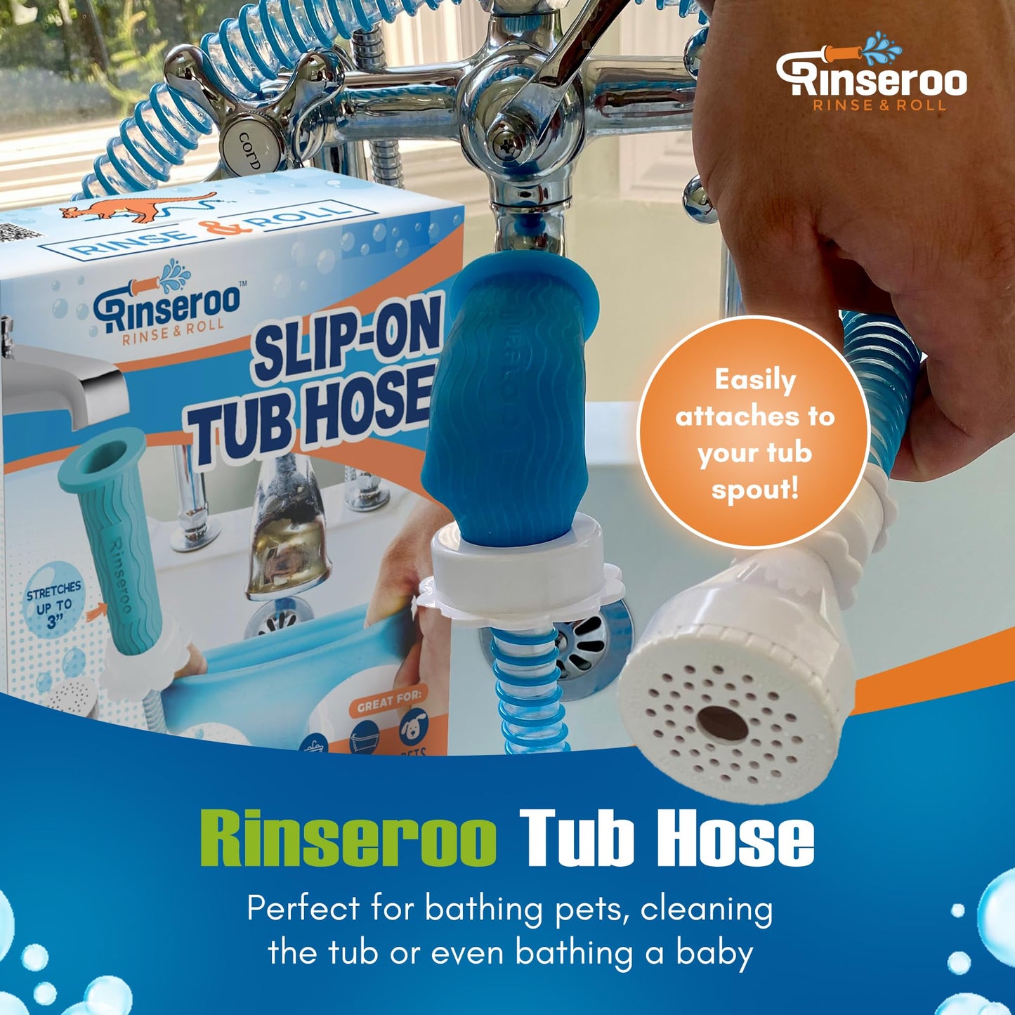 Rinseroo Ultra-Flex Slip-on Dog Shower Hose Adapter, Portable Hose Attachment with Sprayer Pet Shower Head Attachment Tub Spout 5 Foot Hose, No Installation for Quick Rinsing