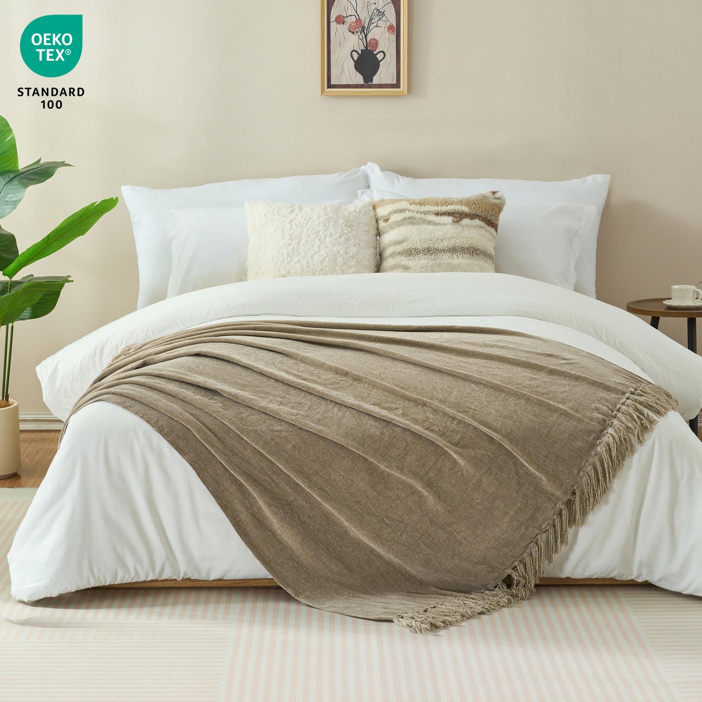 GINAMUSE Chenille Throw Blanket for Couch with Tassels,50"X60" Soft Cozy Lightweight Knitted Boho Decorative Blankets for Bed and Sofa,Taupe