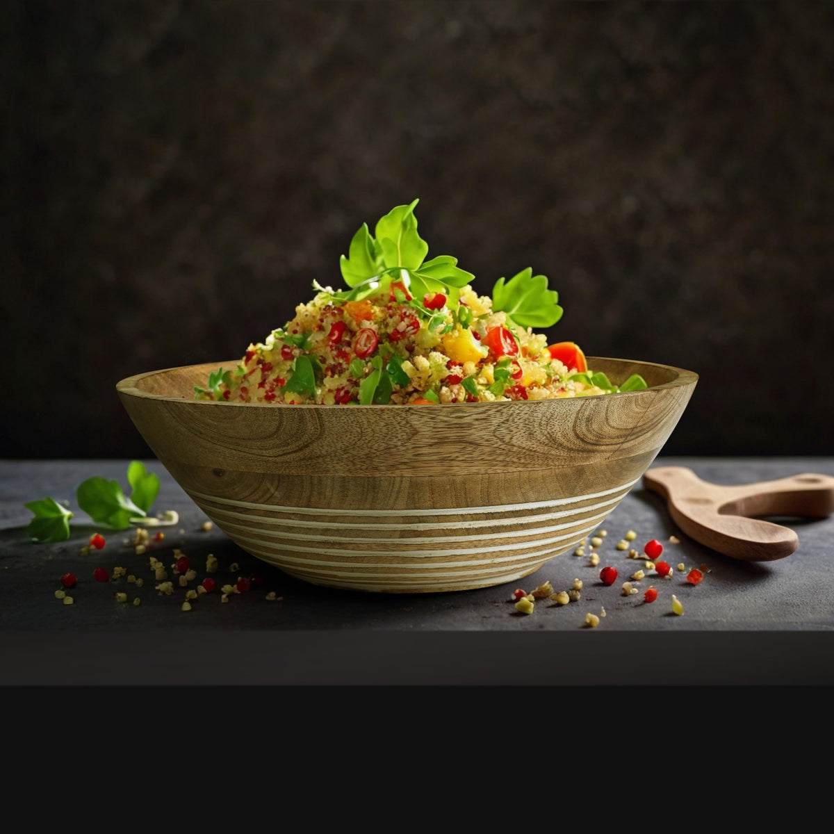 Wooden Salad Bowl, Large Salad Bowl Serving_Natural 12" Dia 4" height_Mango Wood Decorative Bowl for Veggies,fruits,Hand made Wooden serving bowl-Modern Rustic Home Decorations