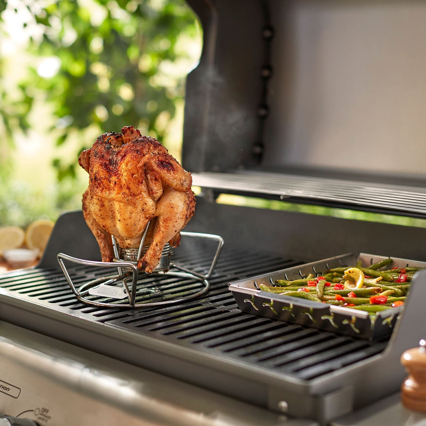 Weber Poultry Roaster Made of Stainless Steel, with Practical Handles, Holder for Can/Container for Liquids for Crispy, evenly Cooked & Juicy Chicken, Dishwasher Safe - Silver (6482)