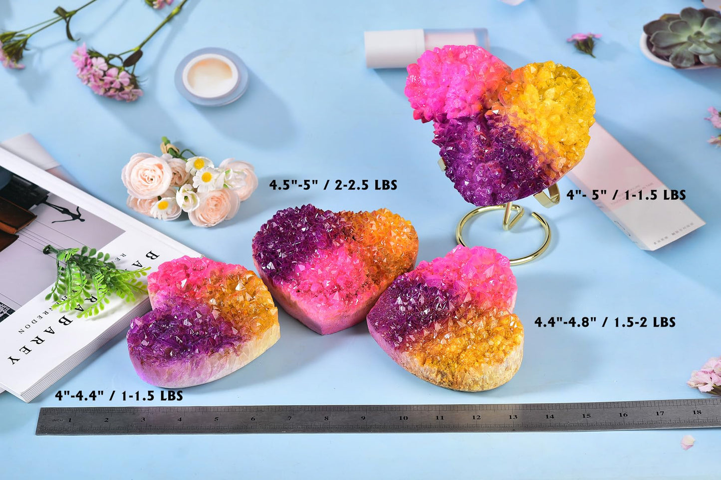 AMOYSTONE Heavy Heart Shaped Crystal Cluster Electroplated White Crystal Cluster with Alloy Bracket, Home Office Decoration (Orange-Pink-Purple 2-2.5 LBS)