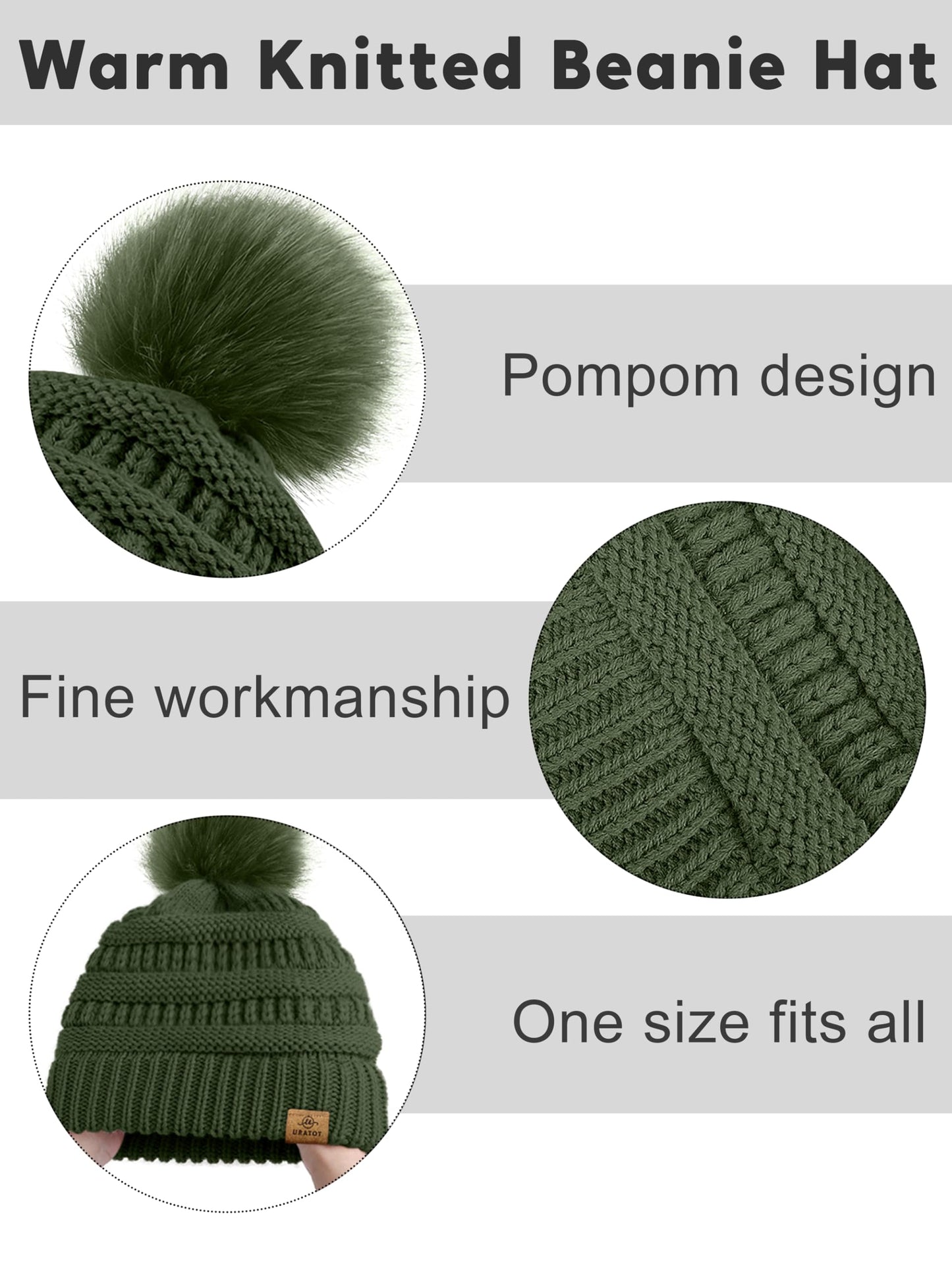 URATOT Winter Warm Knitted Sets Beanie Pompom Hat Scarves Winter Touchscreen Gloves Scarf Set for Men Women