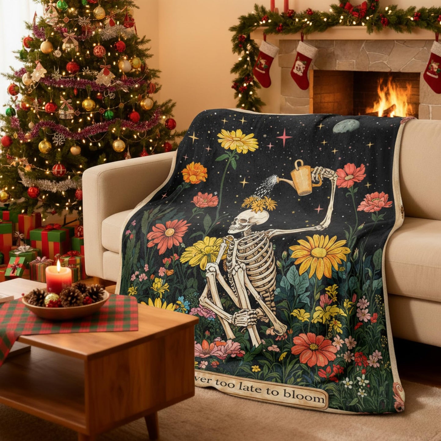 kampdream Life & Hope Flannel Blanket, Skeleton Watering Flowers, Super Soft & Warm Couch Sofa Living Room Optimistic Decor Ideal Gift for Family Friends 50×60 inch