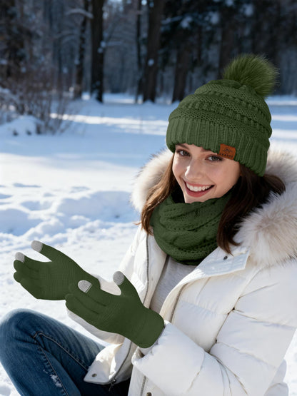 URATOT Winter Warm Knitted Sets Beanie Pompom Hat Scarves Winter Touchscreen Gloves Scarf Set for Men Women