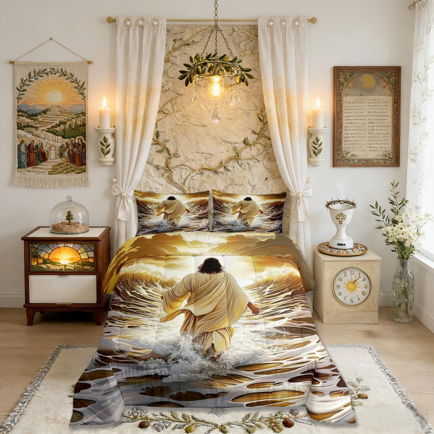 Manfei God Walking on Water Girls Bedding Set Twin Size,Bible Verse Western Faith Comforter Set,Golden Ocean Divine Light Quilt Comforter Girls Boys Teens,Golden Room Decor All Season,1 Pillowcase