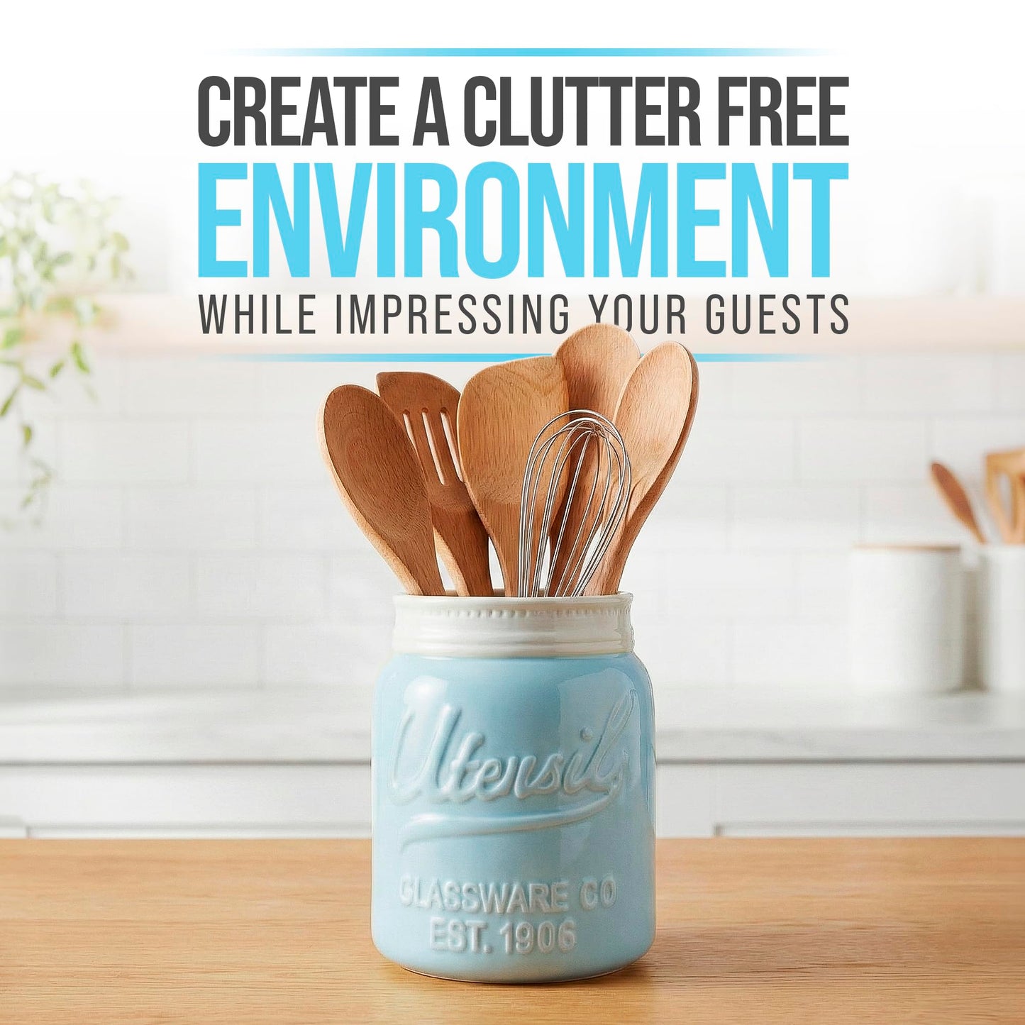 Comfify Blue Mason Jar Utensil Holder – Wide Mouth Ceramic – Farmhouse
