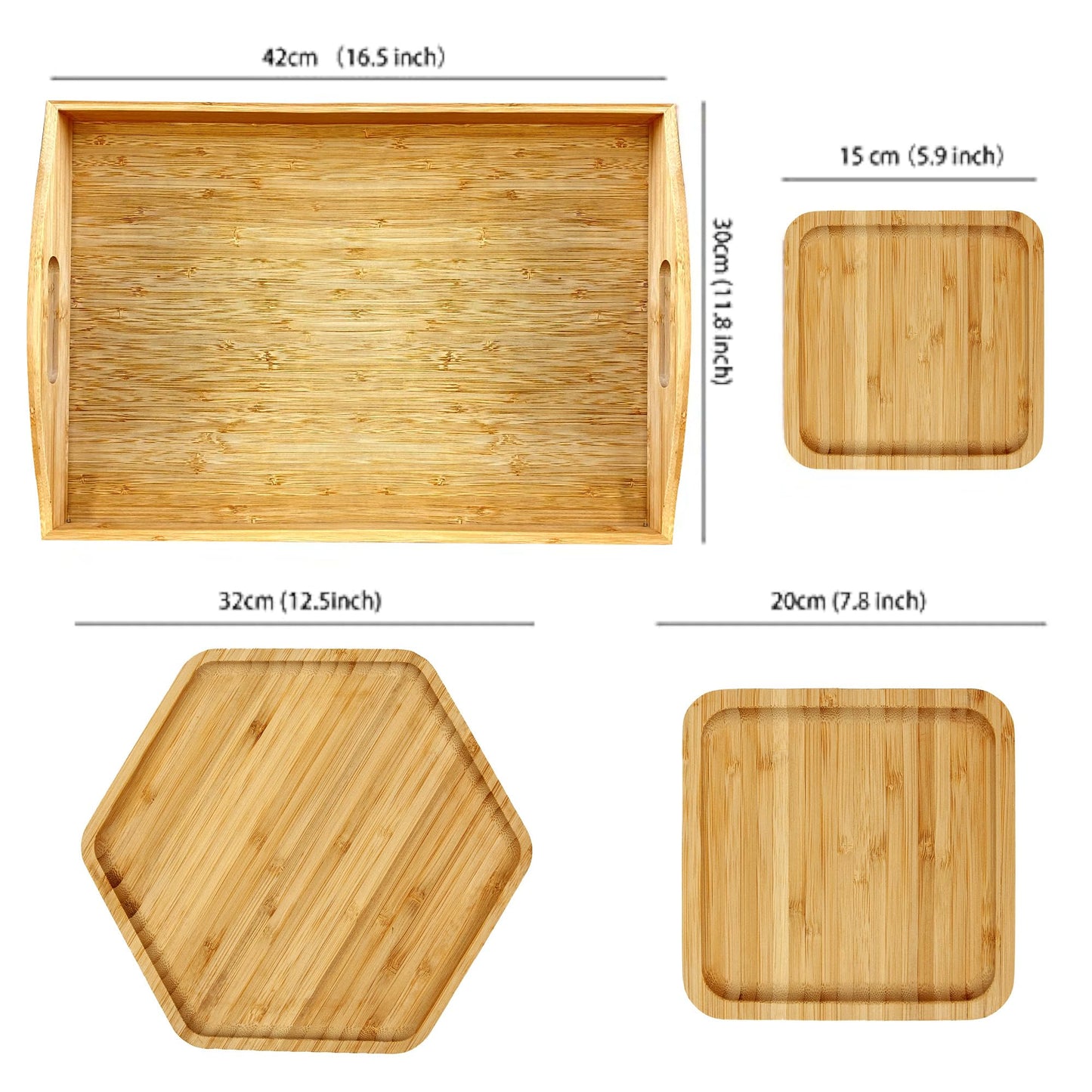 PAFREWOG Bamboo Serving Trays Charcuterie Platter 16.5"x11.8"（42x30cm with Handle, Set Includes 1xHexagon 12.5"(32cm)+1xSquare 7.8"(20cm)+1xSquare 5.9"(15cm) Small Plates for Family Dinner