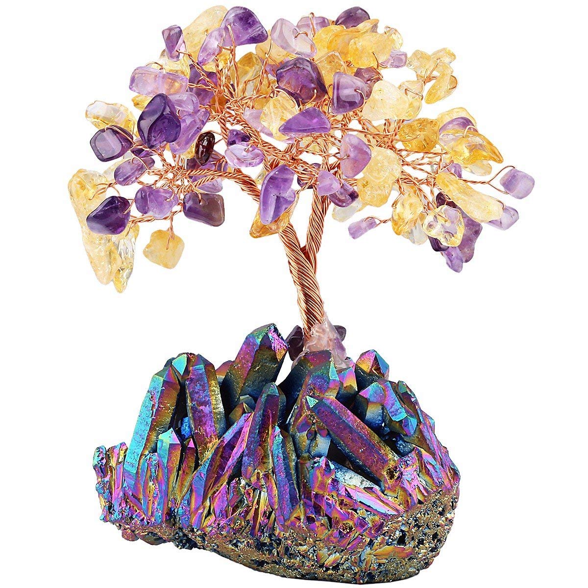 mookaitedecor Bundle - 2 Items: Citrine & Amethyst Crystal Money Tree & Titanium Coated Crystal Egg Figurines with Wood Stand for Feng Shui Decor