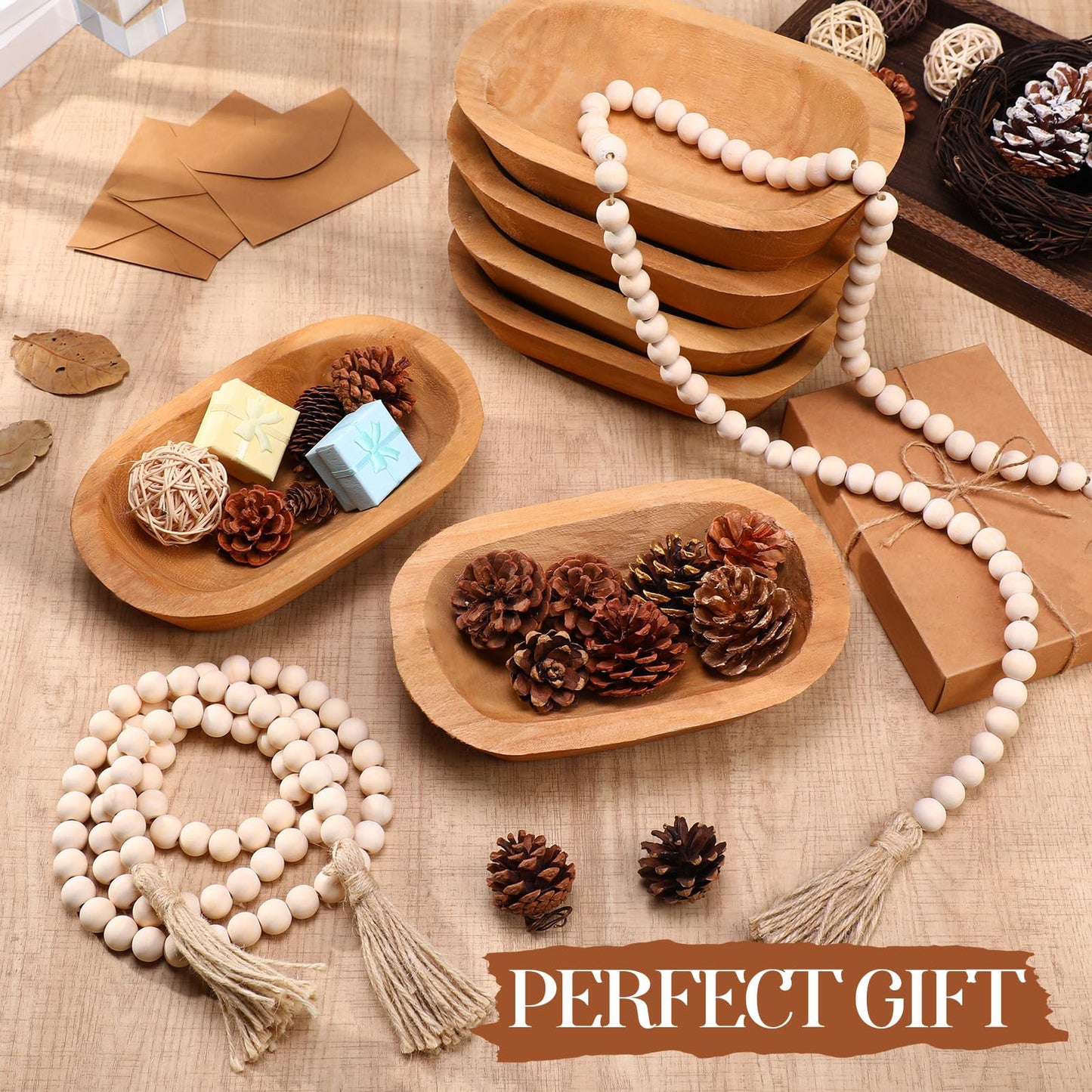 LemonRoad 12 Pcs Wooden Dough Bowl Making Wood Table Centerpiece Decorations Beads String with Tassel Decorative Bowl Natural Rustic Filler Tray Farmhouse Dining Kitchen(Caramel,Short)