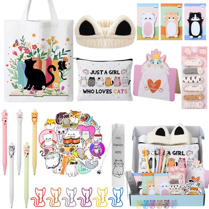 Cat Gifts for Cat Lovers Cat Office Supplies Canvas Tote Bag Spa Headband Cute Sticky Notepad Paper Clips Ballpoint Pen Cartoon Stickers Party Favor for Birthday Festival Gifts