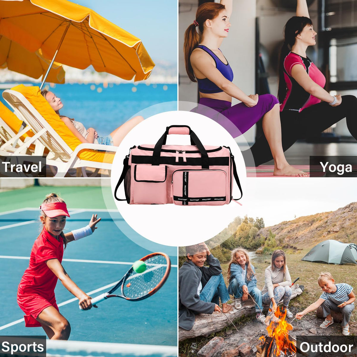 MAXTOP Gym Bag for Women Travel Duffle Carry On Tote Weekender Bag Large Capacity Pink Overnight Bag With Shoe Compartment Gym Tote with Dry and Wet Separation