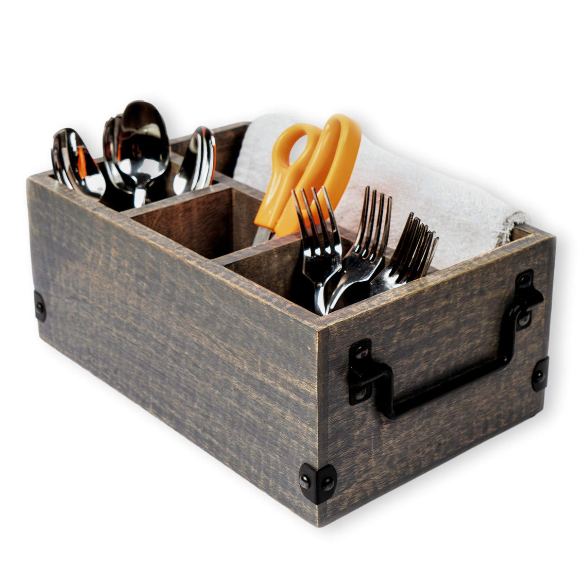 GoCraft 4 Compartment Flatware Caddy, Cutlery Utensil Holder, Silverware Condiment Organizer with Napkin Holder for Kitchen, Dining, Picnics, Grey Washed Mango Wood Caddy with Metal Handles