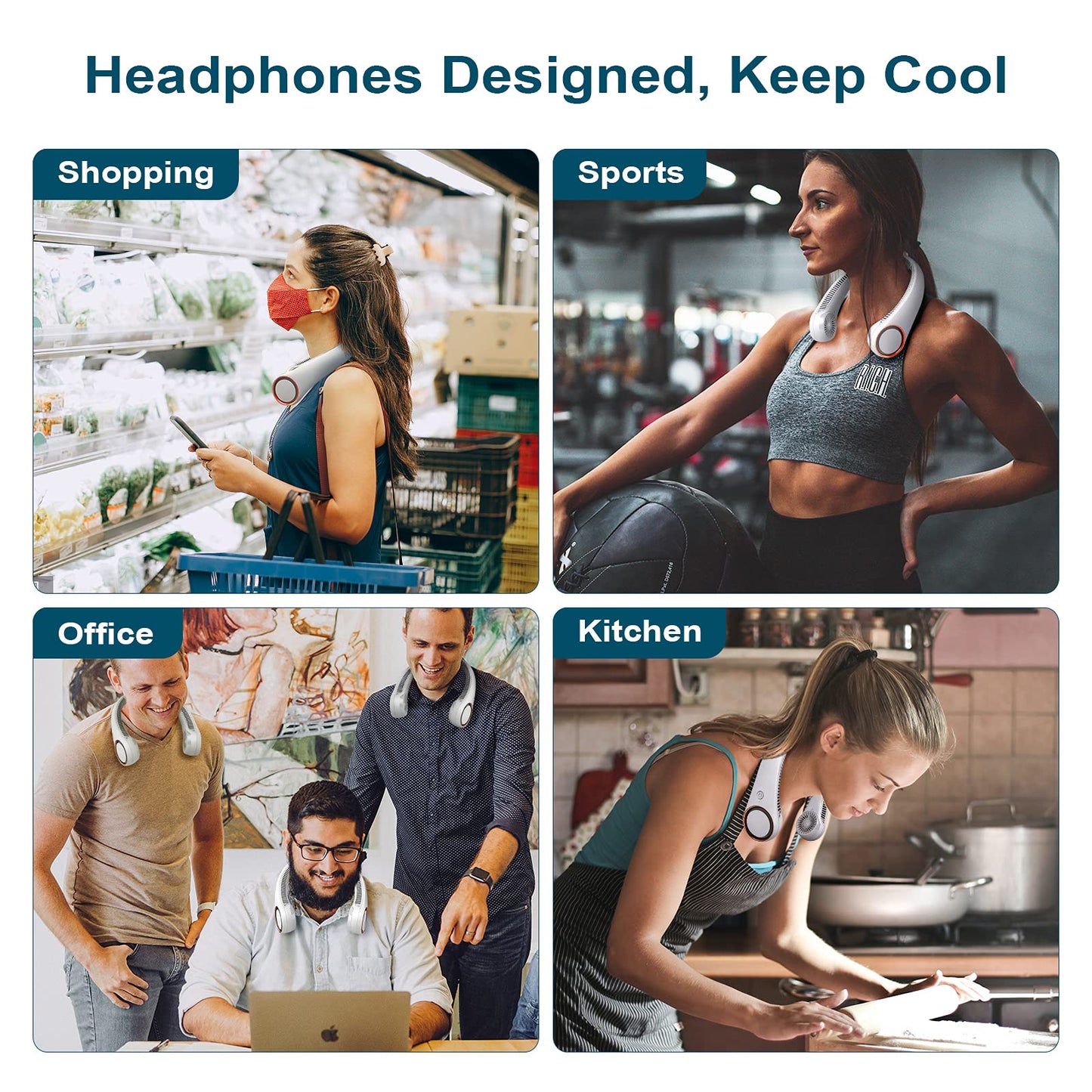CIVPOWER Neck Fan: Portable Personal Neck Cooling Rechargeable Bladeless Fan - Hands Free 3 Speed 4000 mAh Battery USB Operated Wearable Headphone Design - Gift for Men Women Outdoor (White)