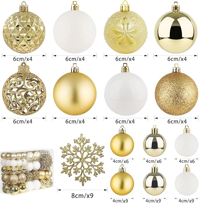 SY CRAFT 86 Pieces of Assorted Shatterproof Christmas Ball Snowflake Ornaments Seasonal Decorative Hanging Ornament Set with Hand-held Gift Package for Xmas Tree Decorations (86PCS, Gold)