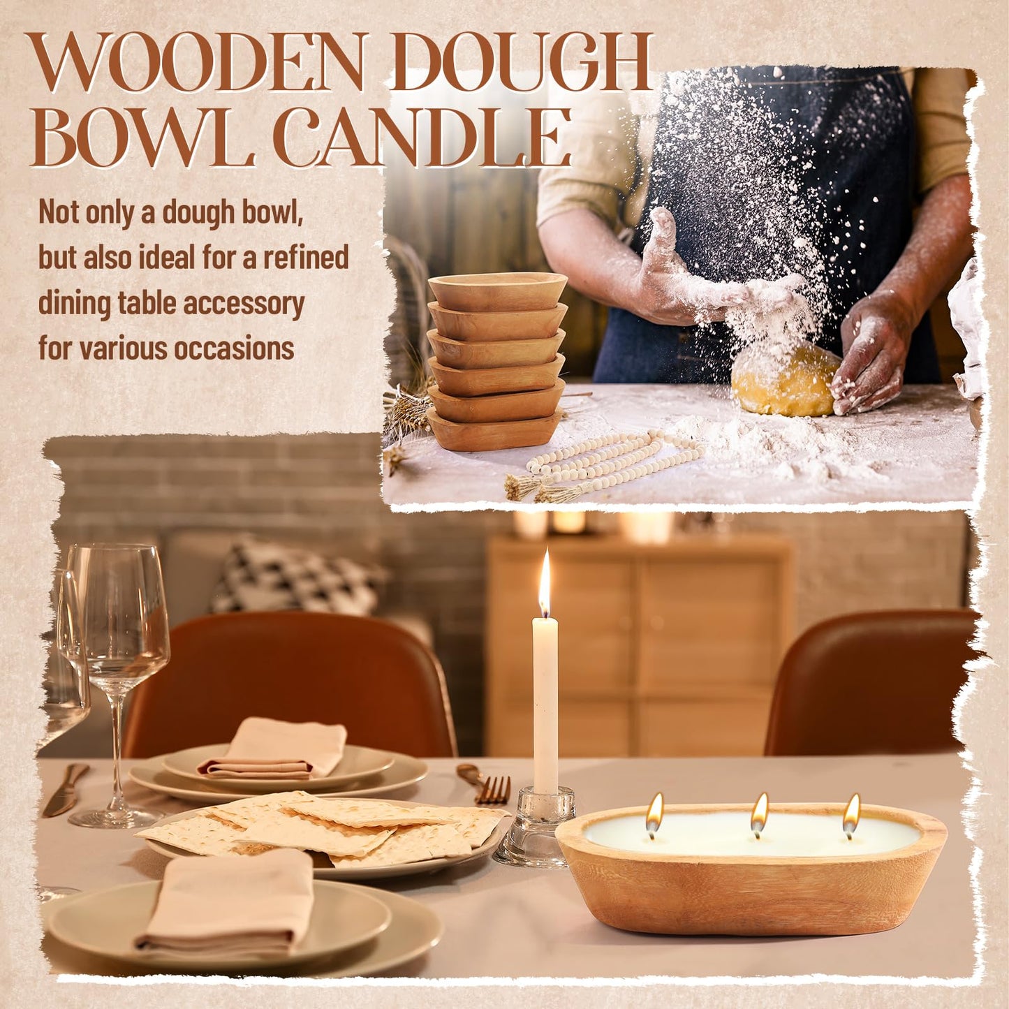 LemonRoad 12 Pcs Wooden Dough Bowl Making Wood Table Centerpiece Decorations Beads String with Tassel Decorative Bowl Natural Rustic Filler Tray Farmhouse Dining Kitchen(Caramel,Short)