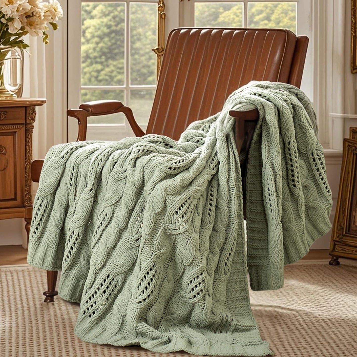 Amélie Home Chunky Knit Throw Blanket, Dual-Sided Soft Chenille Breathable Cable Knitted Blanket for Couch, Farmhouse Decorative Throw for Sofa & Chair, 50"x60", Sage Green