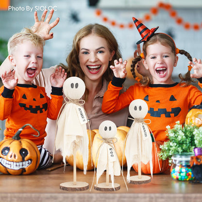 Halloween Ghost Decorations Set of 3, Rustic Wooden Base Boo Ghost Tabletop Ornaments, Farmhouse Halloween Indoor Centerpieces for Mantel, Shelf, Coffee Table and Entryway Decor