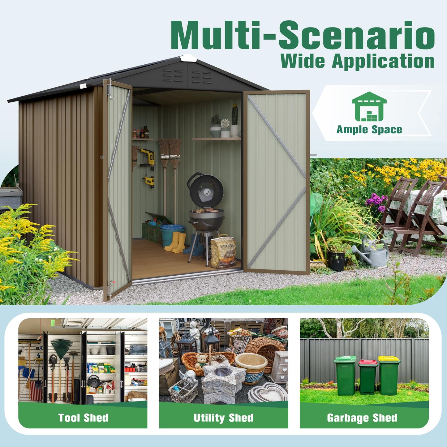Flamaker 6x8 FT Storage Shed Waterproof Metal Garden Shed with Lockable Door Utility Tool Shed Outdoor Storage for Backyard, Patio and Lawn, Brown