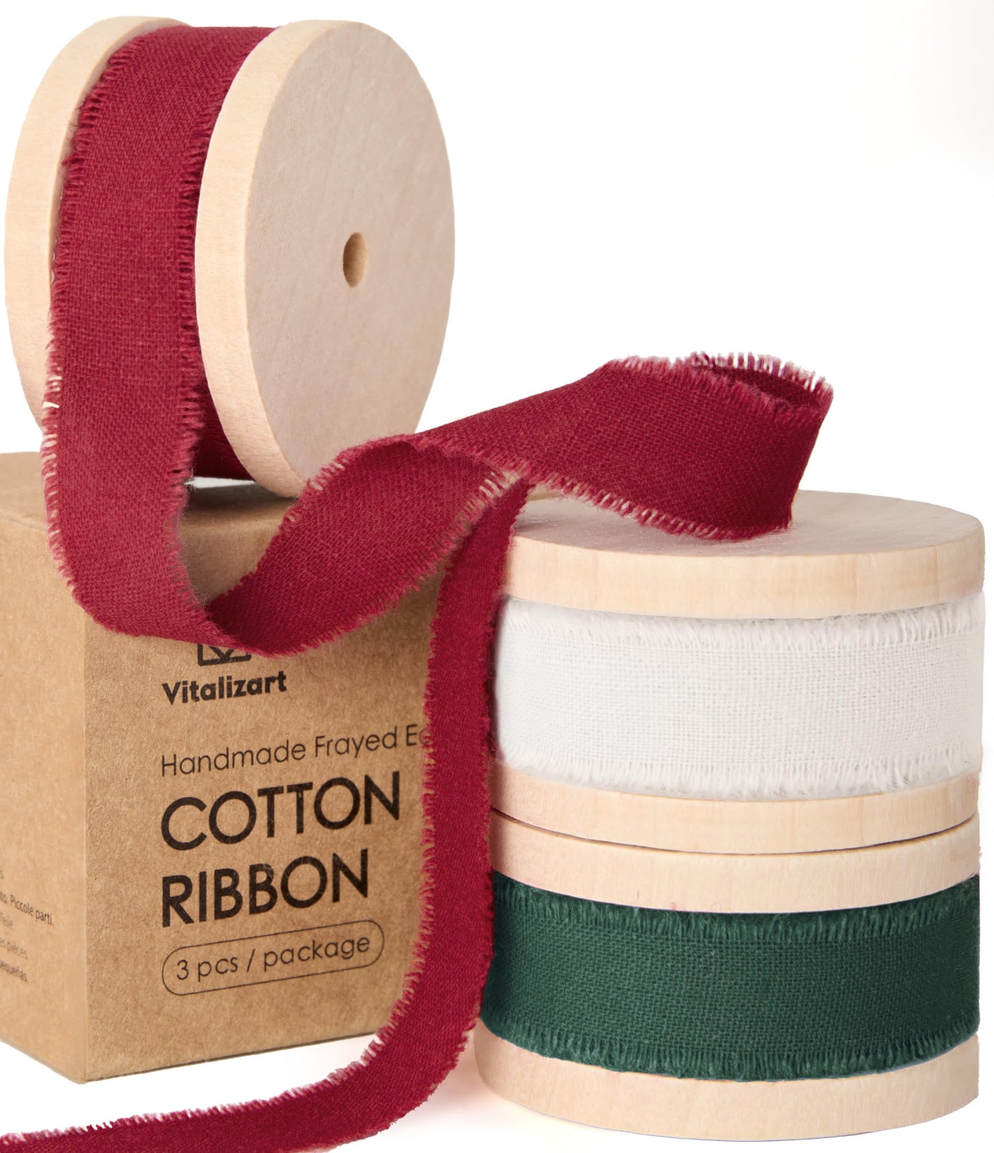 Vitalizart Christmas Ribbon Cotton Handmade Fringe 5/8" x 21 Yd Pure Natural Cotton Ribbons for Gift Wrapping Wedding Invites Bridal Shower Bouquets Holiday Decor