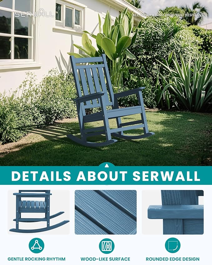 SERWALL HDPE Outdoor Rocking Chair Set of 8, Patio Rocking Chairs for Adults, All Weather Outdoor Rockers for Lawn, Blue