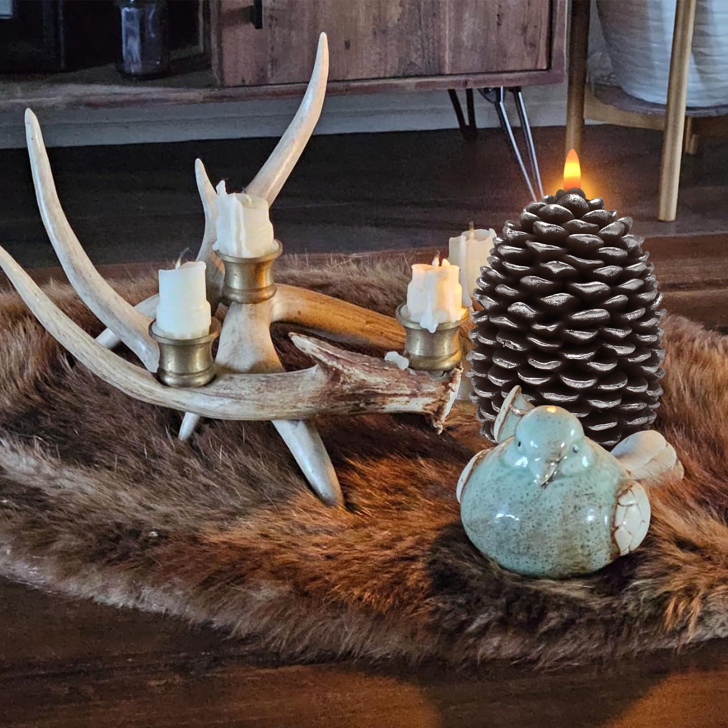 CVHOMEDECO. Pine Cone Candles Battery Operated Pinecones with Remote and Timer, Pine Cones Candle LED Flameless Flickering Candles for Fall, Christmas Decor. Silver-Brown, H 5.5 Inch, Pack of 2