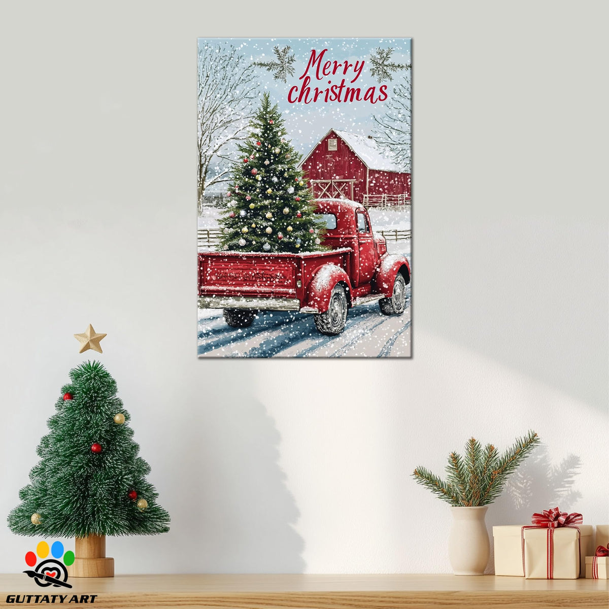 GUTTATY Christmas Canvas Wall Art, Christmas Tree Truck Wall Decor, Merry Christmas Sign Xmas Artworks, Barn House Wall Pictures, Winter Snow Scene Christmas Posters for Living Room 18x24 Inch