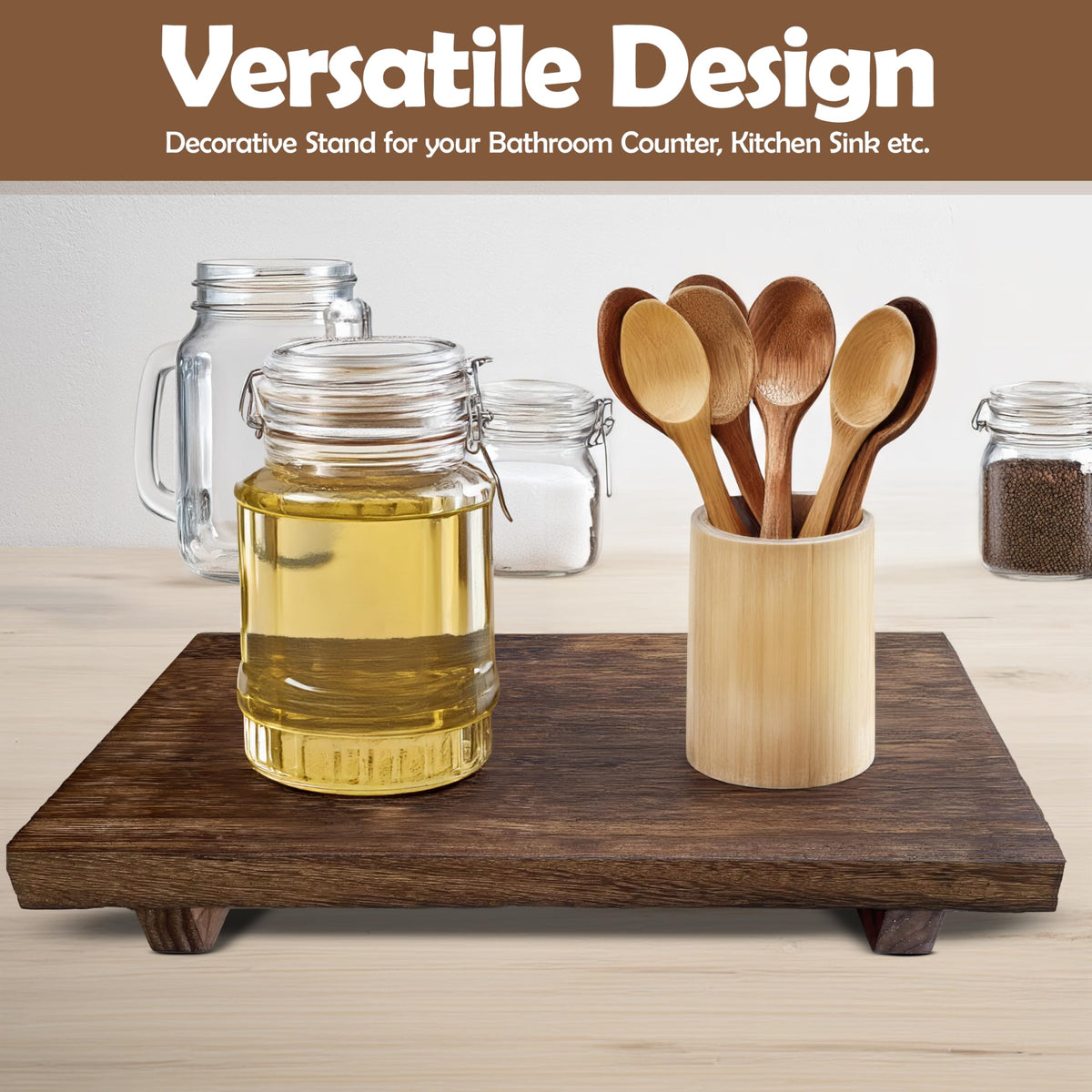 Lyfe Simple Rustic Pedestal Stand - Handmade Small Wood Tray - Soap Tray for Kitchen Sink, Bathroom (Brown, 12 x 7 x 1.5 Inch)