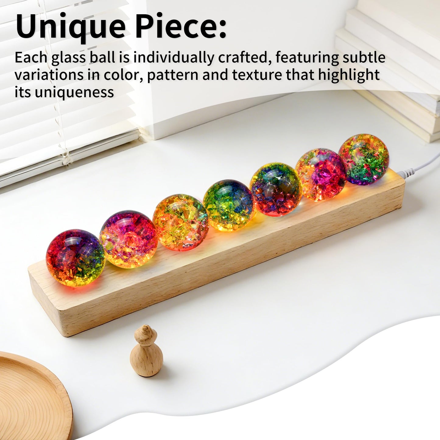 7 Chakra Crackle Crystal Ball with LED Wooden Stand, 1.6" Healing Spheres for Spiritual Decor Reiki Energy Balance, 3D Crystal Ball Night Light Gifts for Women