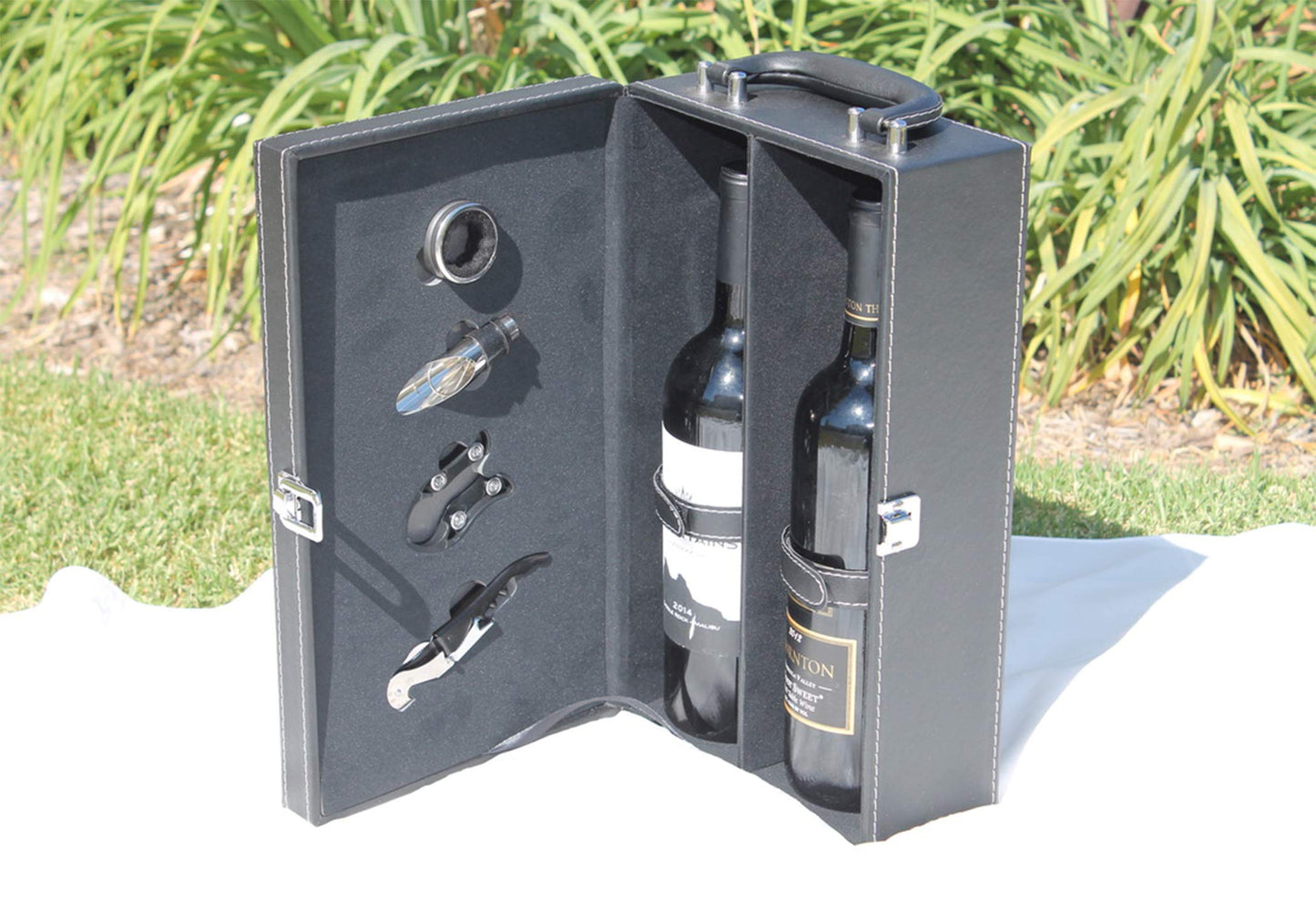 Digilant Lifestyle Top Handle Travel Two-Bottle Wine Carrier Case with 4 Piece Wine Accessory Set (Red)