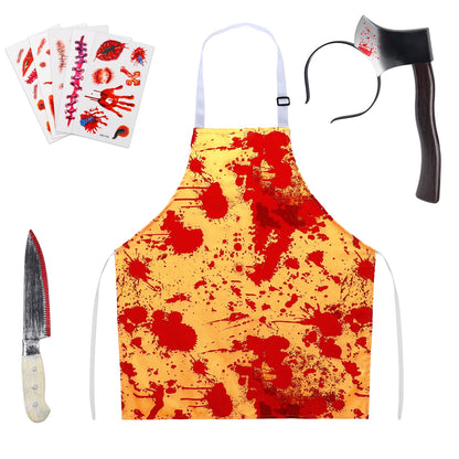 Halloween Bloody Butcher Costumes Set- Waterproof Bloody Apron with Axe Headband Butcher Knife Temporary Tattoos, Terrifying Role Play for Men Costume Party Carnival Prop Accessories (Yellow)