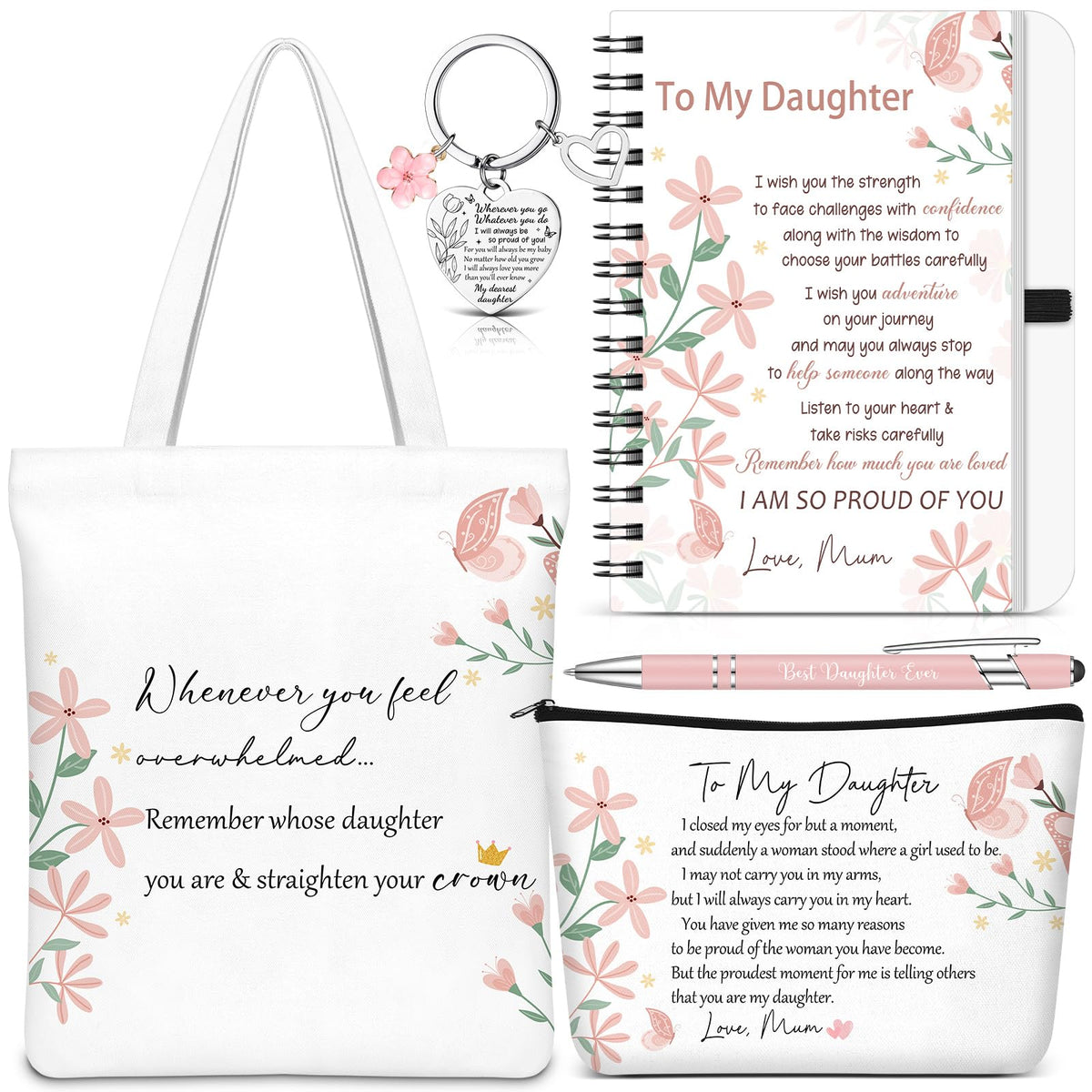Gaillty 5 Pcs Gifts for Women, Inspirational to My Daughter Mothers Day Gift with Tote Bag, Makeup Bag, Notebook, Ballpoint Pen & Keychain Congratulations Graduation Wedding Gift from Mom Dad