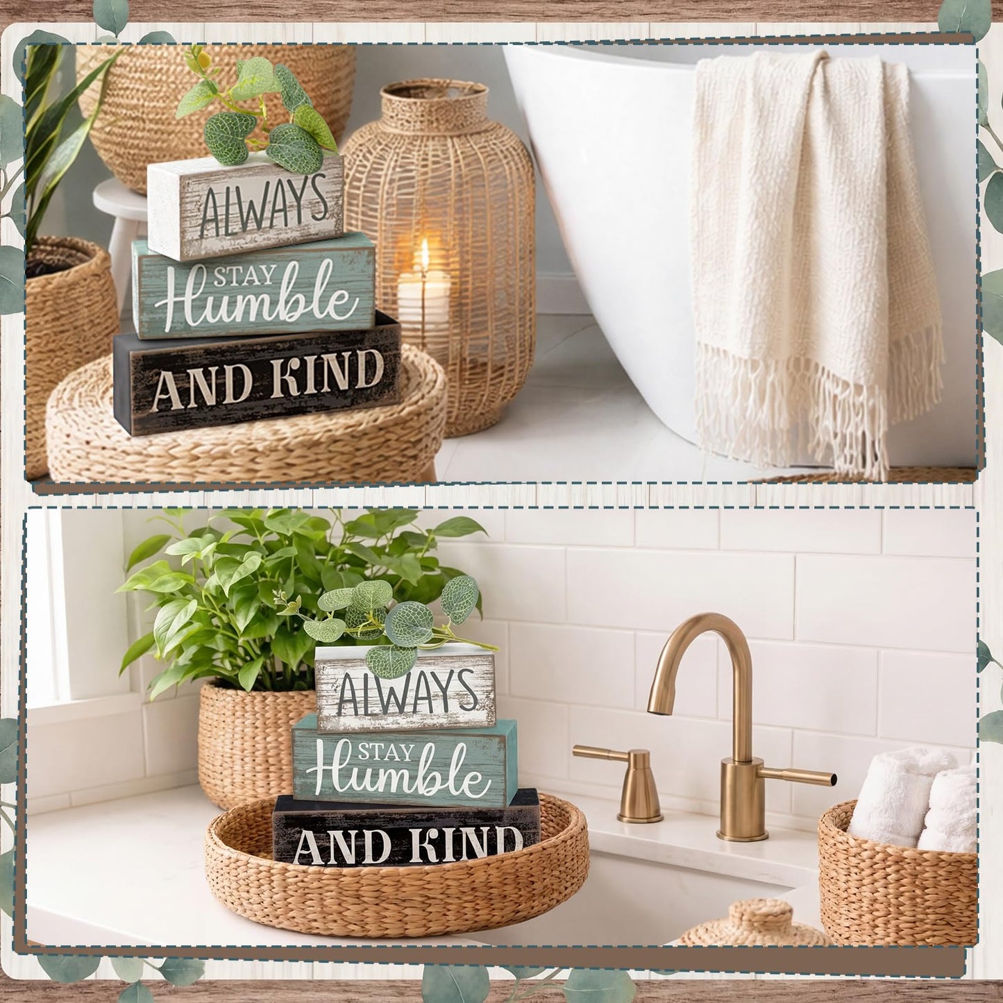 Lineshading 4 Pcs Inspirational Farmhouse Table Decor Always Stay Humble and Kind Stacked Wooden Block Signs with Inspirational Quote Eucalyptus Leaves for Home, Living Room, Shelf Housewarming Gift