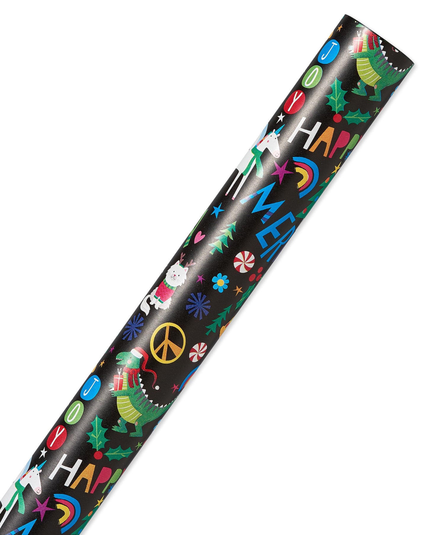 American Greetings Jumbo Kids Christmas Wrapping Paper Roll, Dinosaur, Unicorns, and Yetis Holiday Gift Wrap (175 sq. ft., 1 Extra Large Reversible Roll-30 in. x 70 ft.) Colorful, Black, Green