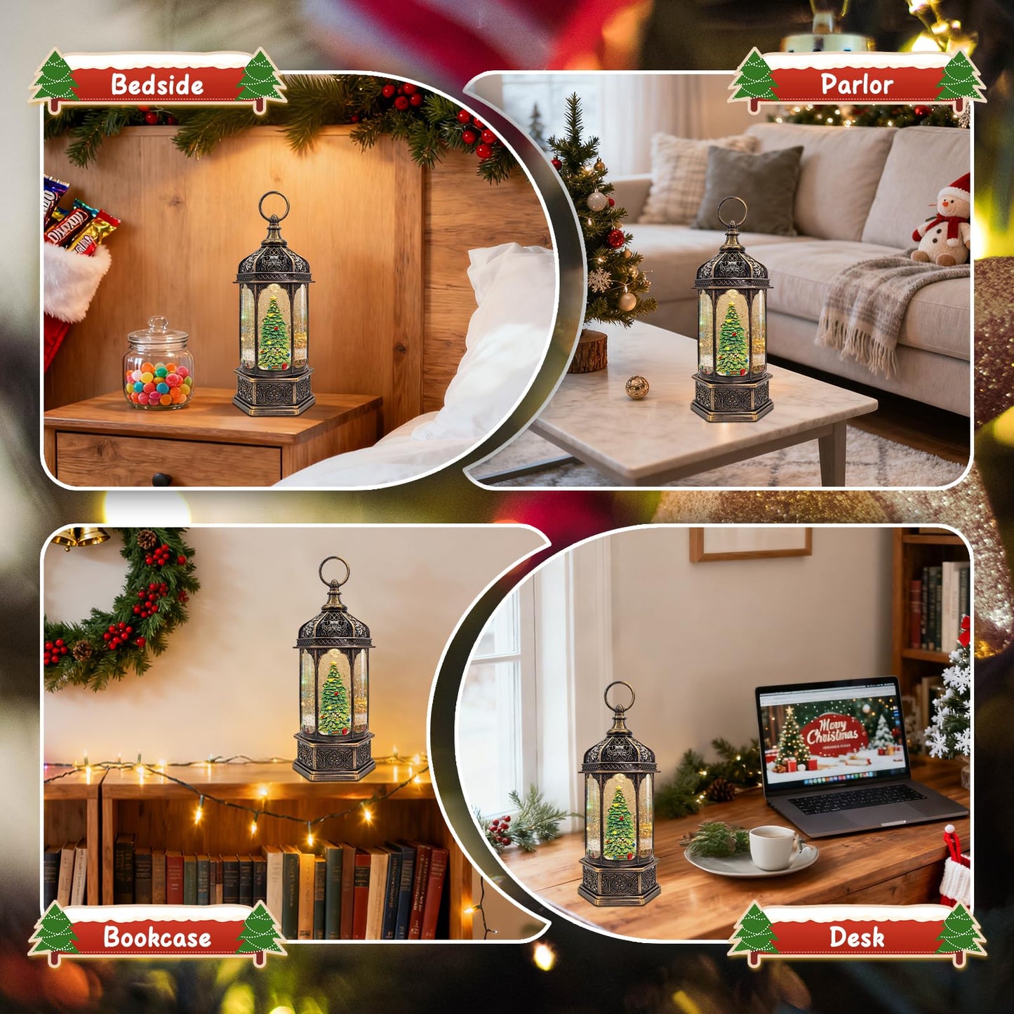Christmas Snow Globes with Music,6H Timer Cylindrical Flashing Snow Ball,Bronze Musical Box Including 8 Songs,Glitter Snowflakes Lantern with Christmas Tree Xmas Decor Gift