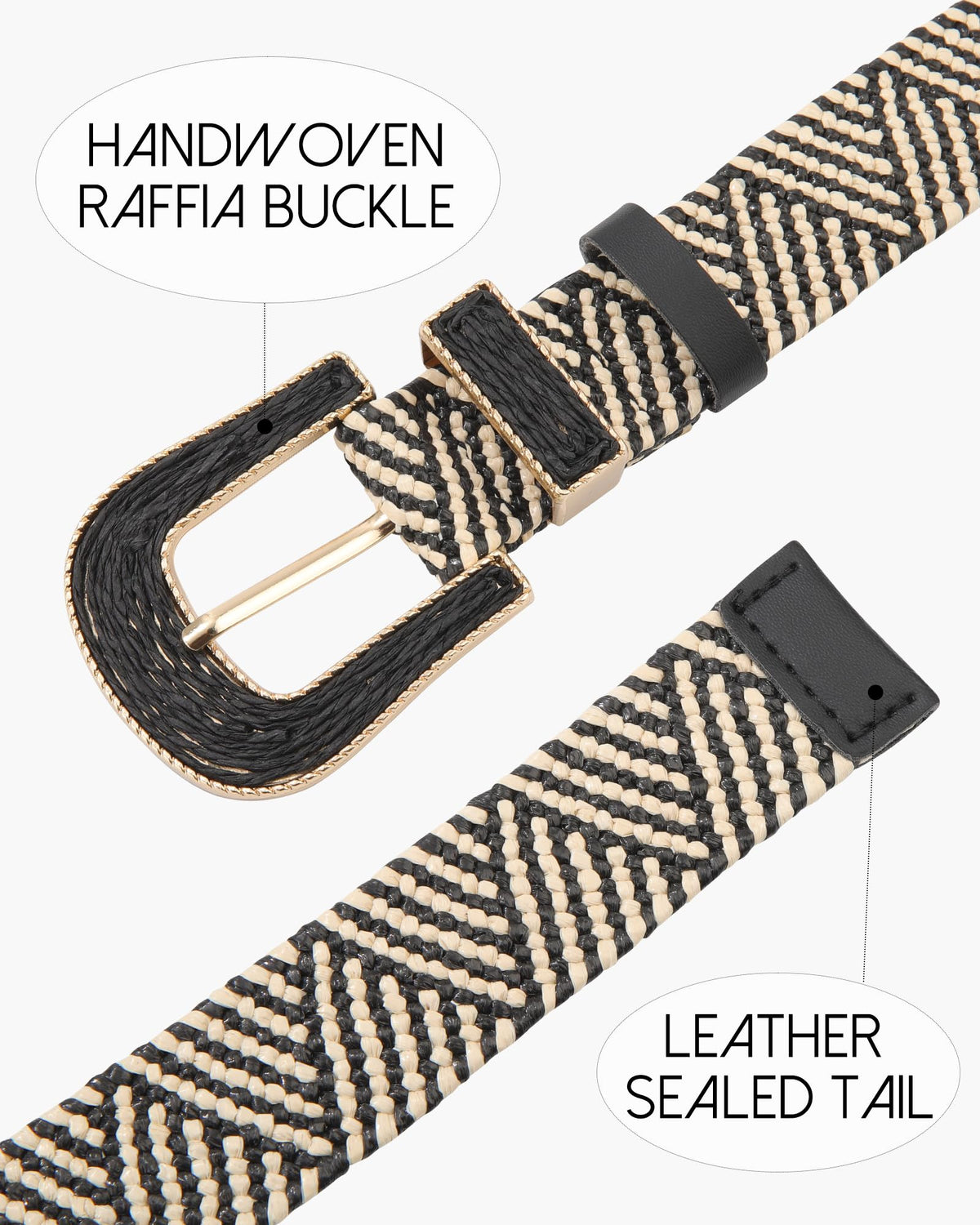 AWAYTR Womens Boho Woven Belt - Easy Care Plastic Elastic Belt with Handmade Raffia Buckle for Daily Vacation Work,Black with Beige Stripes,Fit Waist 31''-36''