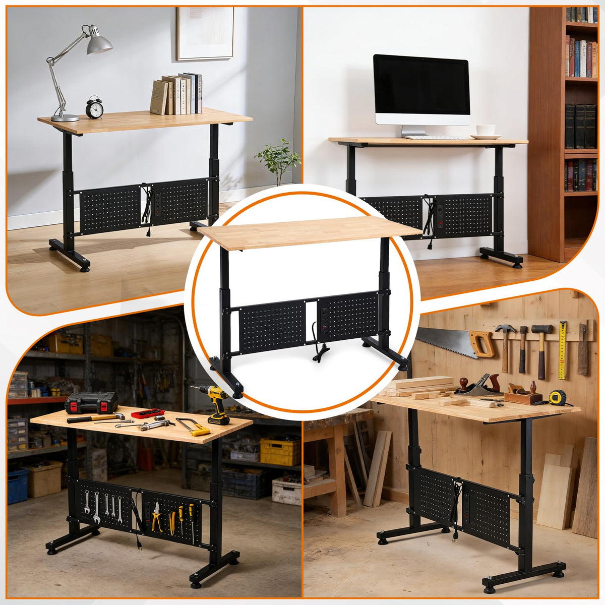 GVGBUK 48 Inch Adjustable Height Workbench, 1500 LBS Capacity Garage Work Table with Power Outlets, USB Ports & Pegboard, Solid Wood Top Work Bench for Workshop, Office, Garage